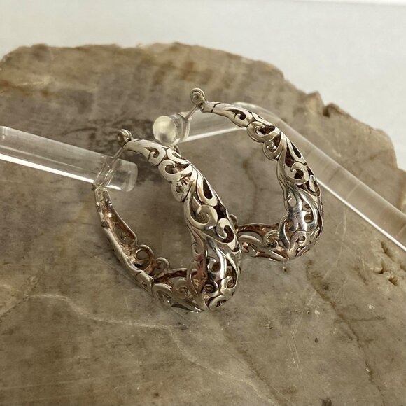 VTG Jezlaine Sterling Silver 925 Pierced Hinged Scrollwork Oval Hoop Earrings - Picture 16 of 16